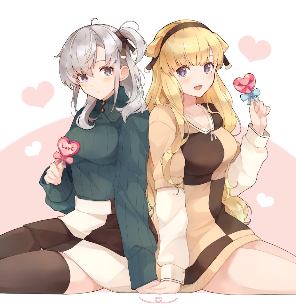 2girls :d ahoge back-to-back bangs black_hairband black_legwear black_skirt blonde_hair blue_bow blue_eyes blush bow breasts candy checkered checkered_dress checkered_skirt collarbone commentary_request dress fletcher_(kantai_collection) food grey_eyes hair_ribbon hairband hand_up heart heart_lollipop holding holding_candy holding_food holding_hands holding_lollipop jacket kantai_collection large_breasts lollipop long_hair long_sleeves looking_at_viewer multiple_girls one_side_up open_mouth pink_bow ribbed_sweater ribbon shakemi_(sake_mgmgmg) short_over_long_sleeves short_sleeves silver_hair sitting skirt sleeves_past_wrists smile star_(symbol) striped suzutsuki_(kantai_collection) sweater sweater_dress symbol_commentary thigh-highs very_long_hair violet_eyes white_skirt yuri zettai_ryouiki