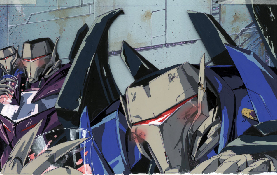 3boys alcohol blush cup decepticon english_commentary holding holding_cup leaning_forward looking_down marble-v mecha multiple_boys no_humans traditional_media transformers transformers_prime vehicon visor