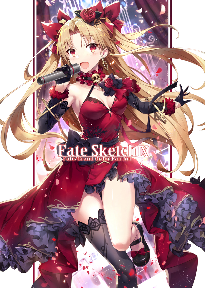 1girl :d bangs black_footwear black_legwear blonde_hair bow breasts detached_sleeves dress earrings ereshkigal_(fate/grand_order) eyebrows_visible_through_hair facing_viewer fang fate/grand_order fate_(series) flower gabiran hair_ribbon holding holding_microphone jewelry leg_up long_hair long_sleeves looking_at_viewer microphone neck_garter open_mouth parted_bangs petals red_dress red_eyes red_flower red_ribbon red_rose ribbon rose single_thighhigh skin_fang skull smile solo thigh-highs two_side_up very_long_hair watermark white_background