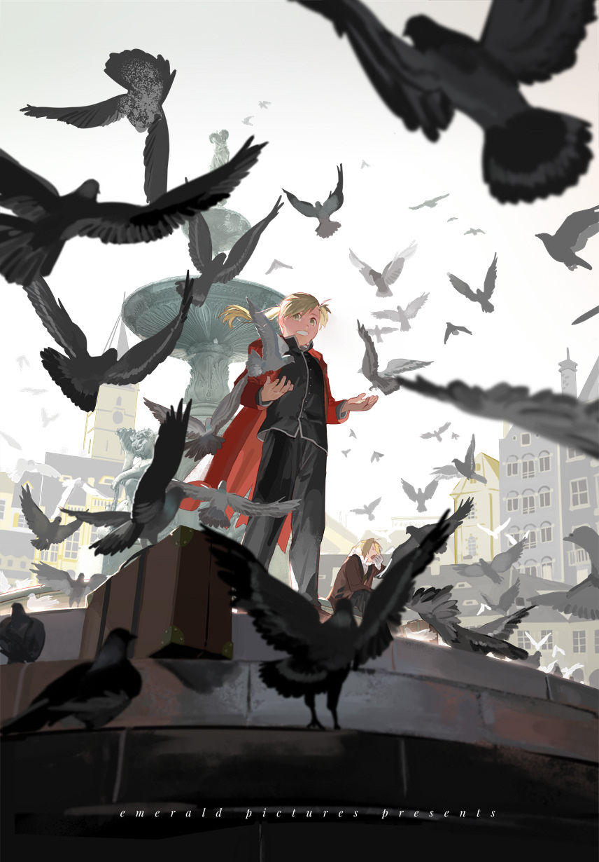 2boys alphonse_elric animal bangs bird black_clothes black_pants blonde_hair cape city closed_eyes coat commentary conqueror_of_shambala edward_elric english_commentary english_text fountain from_below fullmetal_alchemist highres holy_pumpkin long_hair long_sleeves looking_to_the_side male_focus multiple_boys open_mouth pants pigeon red_cape sitting sky smile square standing suitcase teeth white_sky yawning yellow_eyes