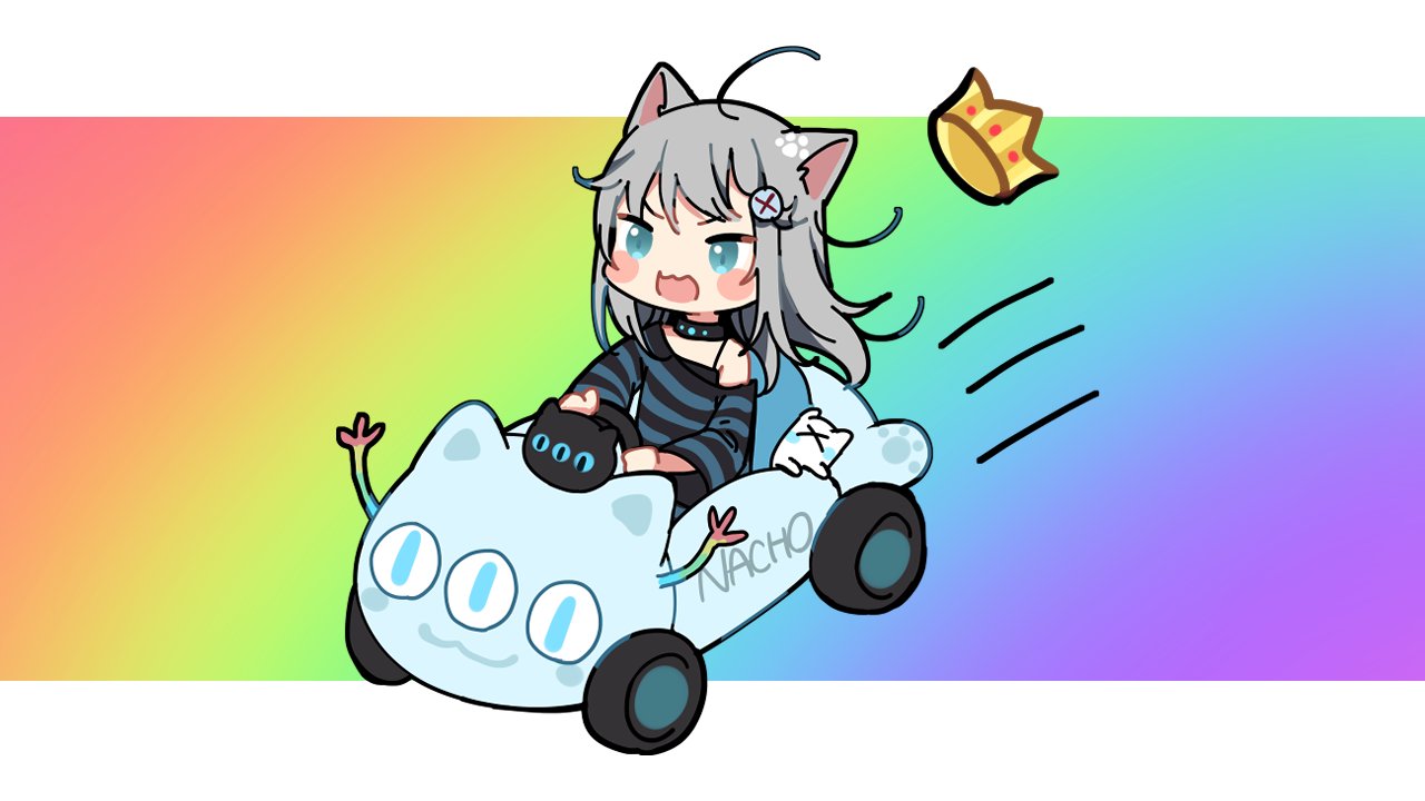 1girl :d ahoge amashiro_natsuki animal_ear_fluff animal_ears bangs black_camisole black_collar blue_eyes blush_stickers camisole cat_ears character_name chibi collar commentary_request crown driving grey_hair long_hair long_sleeves nacho_(amashiro_natsuki) off_shoulder open_mouth original rainbow_gradient shirt smile solo striped striped_shirt v-shaped_eyebrows very_long_hair wide_sleeves