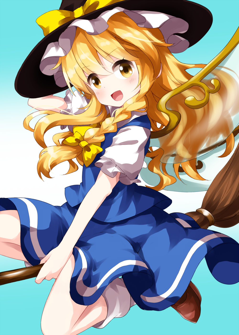 1girl bangs black_headwear blonde_hair blue_background blue_skirt blue_vest bow braid broom broom_riding brown_footwear cosplay daiyousei daiyousei_(cosplay) eyebrows_visible_through_hair fairy_wings frilled_hat frills gradient gradient_background hair_between_eyes hair_bow hand_on_headwear hat hat_bow highres holding holding_broom kirisame_marisa long_hair looking_at_viewer open_mouth puffy_short_sleeves puffy_sleeves ruu_(tksymkw) shirt short_sleeves side_braid single_braid sitting skirt smile solo touhou vest white_legwear white_shirt wings witch_hat yellow_bow yellow_eyes