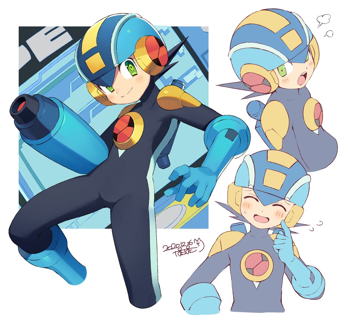 1boy ^_^ arm_cannon black_hair blue_gloves blush bodysuit closed_eyes cropped_legs cropped_torso dated finger_to_cheek gloves green_eyes helmet iroyopon laughing looking_to_the_side multiple_views rockman rockman_exe rockman_exe_(character) skin_tight weapon