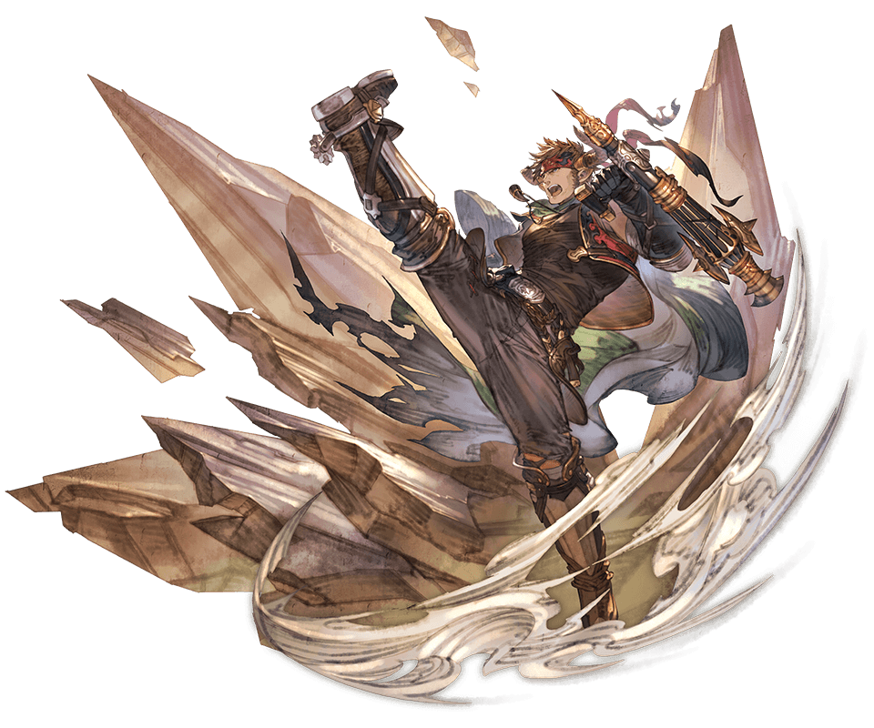 1boy bandages bare_shoulders belt black_gloves blue_eyes boots brown_hair brown_pants cape cow_horns draph fighting_stance full_body gloves granblue_fantasy green_cape headband holding holding_weapon horns jewelry kicking leather leather_boots male_focus minaba_hideo muscular muscular_male necklace official_art pants pointy_ears rock solo tonfa torn_cape torn_clothes transparent_background vanzza weapon