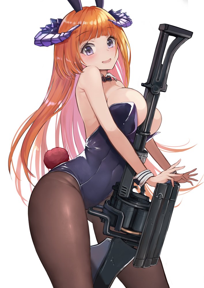 1girl :d alternate_costume arknights bagpipe_(arknights) bangs bare_arms bare_shoulders black_leotard blush breasts brown_legwear bunny_tail commentary_request cowboy_shot eyebrows_visible_through_hair fake_tail horns lance large_breasts leotard long_hair looking_at_viewer open_mouth orange_hair pantyhose playboy_bunny polearm simple_background smile solo standing strapless strapless_leotard tail thighs very_long_hair violet_eyes weapon white_background yuzuruka_(bougainvillea)