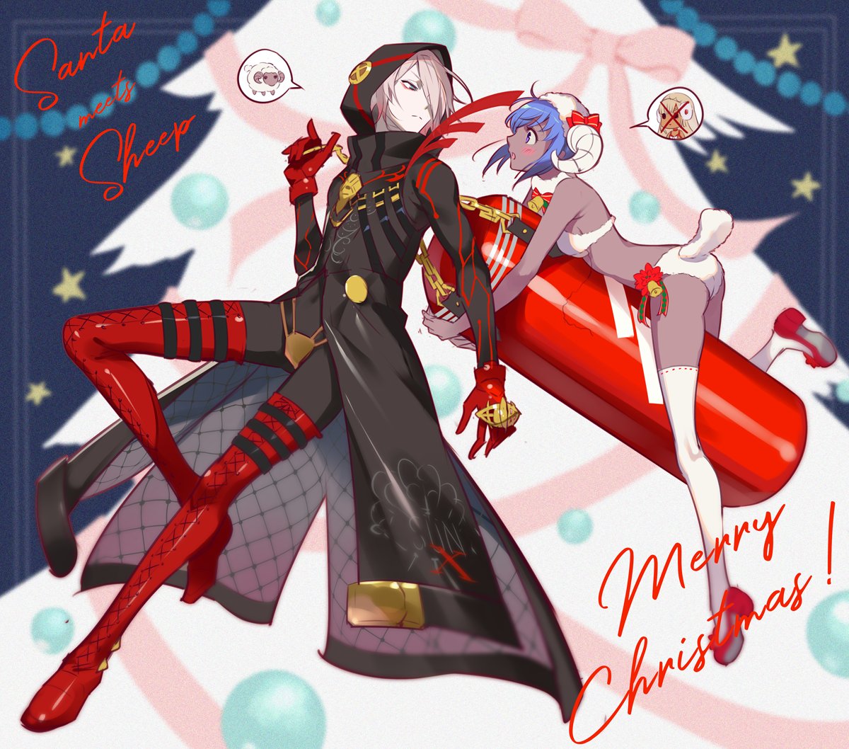 1boy 1girl animal_costume black_skin boots christmas_tree colored_skin fate/grand_order fate_(series) gloves hair_over_one_eye hassan_of_serenity_(fate) hooded_coat karna_(santa)_(fate) merry_christmas nishimura_eri punching_bag purple_hair red_gloves sheep_costume thigh-highs thigh_boots white_hair white_skin