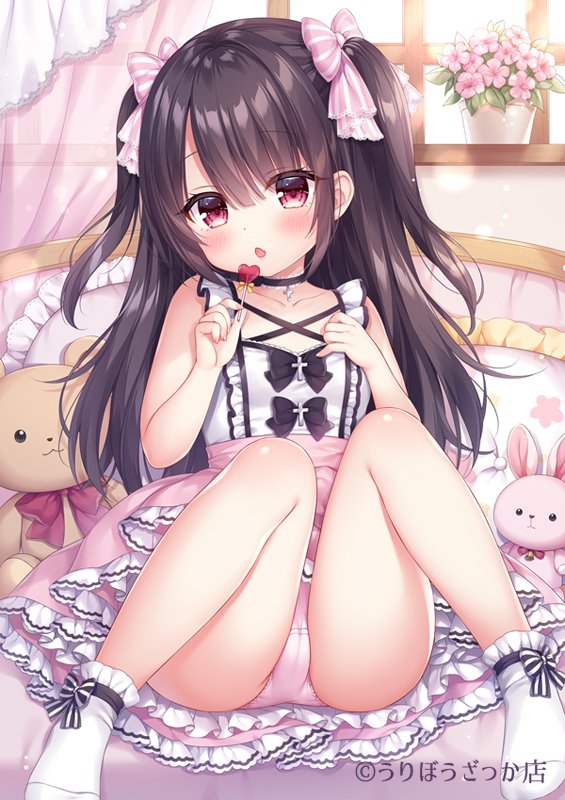 1girl bangs bare_arms bare_shoulders black_bow black_hair blush bow candy commentary_request curtains eyebrows_visible_through_hair flower food frilled_pillow frills hair_between_eyes hair_bow hands_up heart holding holding_candy holding_food holding_lollipop knees_together_feet_apart knees_up lollipop long_hair mitsuba_choco no_shoes original panties parted_lips pillow pink_bow pink_flower pink_panties pink_skirt pleated_skirt red_eyes sitting skirt socks solo striped striped_bow stuffed_animal stuffed_bunny stuffed_toy transparent two_side_up underwear very_long_hair white_legwear window