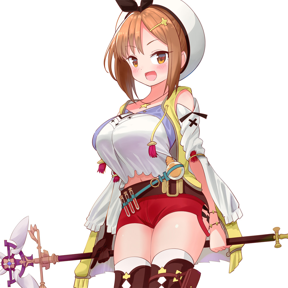 1girl :d atelier_(series) atelier_ryza bangs belt beret black_belt black_footwear black_gloves blue_belt boots bracelet breasts brown_eyes brown_hair clothing_cutout commentary cowboy_shot drawstring flask gloves hair_ornament hairclip hat holding holding_staff jacket jewelry kemu_(guruguru_dan) large_breasts long_sleeves looking_at_viewer micro_shorts midriff_peek navel necklace object_behind_back open_mouth red_shorts reisalin_stout round-bottom_flask shirt short_hair shorts shoulder_cutout sidelocks simple_background single_glove smile solo staff standing star_(symbol) star_necklace thigh-highs thigh_boots vial white_background white_headwear white_legwear white_shirt yellow_jacket