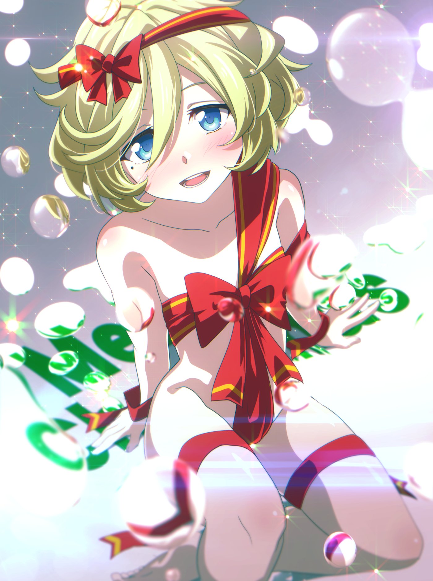 1girl blonde_hair blue_eyes blush breasts bubble bubble_background christmas collarbone elfnein groin highres looking_at_viewer merry_christmas mole mole_under_eye naked_ribbon open_mouth ribbon senki_zesshou_symphogear shiny shiny_hair shiny_skin short_hair simple_background small_breasts smile solo tanashi_(mk2)