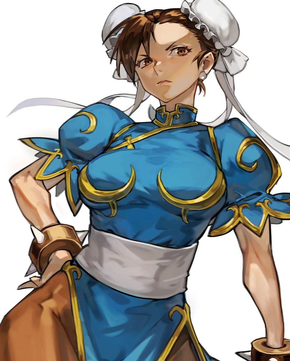 1girl bracelet breasts brown_eyes brown_hair bun_cover china_dress chinese_clothes chun-li closed_mouth double_bun dress earrings hair_between_eyes hand_on_hip highres jewelry large_breasts looking_at_viewer pantyhose puffy_short_sleeves puffy_sleeves sash serious shade shaded_face short_hair short_sleeves simple_background slender_waist solo spiked_bracelet spikes street_fighter tied_hair uncle_rabbit_ii white_background white_sash