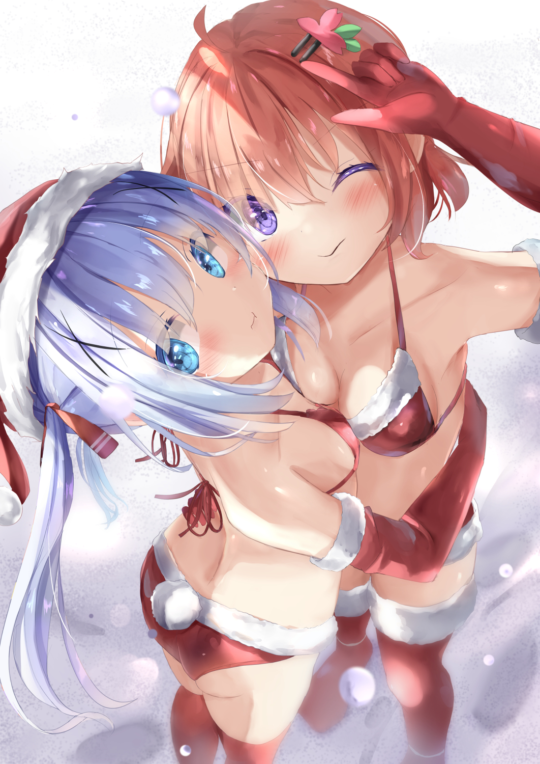 2girls :t ;) ahoge arm_up ass bare_shoulders bikini blue_eyes blue_hair blush boots breasts brown_hair bunny_tail closed_mouth commentary_request elbow_gloves from_above fur-trimmed_bikini fur-trimmed_gloves fur-trimmed_headwear fur-trimmed_legwear fur_trim gloves gochuumon_wa_usagi_desu_ka? hair_ornament hairclip hat highres hoto_cocoa kafuu_chino long_hair looking_at_viewer medium_breasts multiple_girls na!?_(naxtuyasai) one_eye_closed pouch red_bikini red_footwear red_gloves red_headwear red_legwear santa_bikini santa_hat smile standing swimsuit tail thigh-highs twintails very_long_hair wavy_mouth