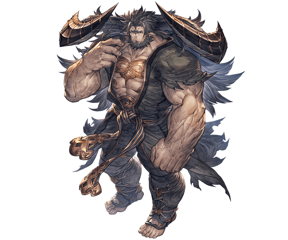 1boy abs bare_pecs barefoot beard black_hair brown_eyes cow_horns draph facial_hair full_body giant giant_male granblue_fantasy grey_pants horns jewelry long_hair male_focus minaba_hideo mugen_(granblue_fantasy) muscular muscular_male necklace official_art open_clothes open_shirt pants pointy_ears shirt solo stomach torn_clothes torn_shirt transparent_background veins very_long_hair