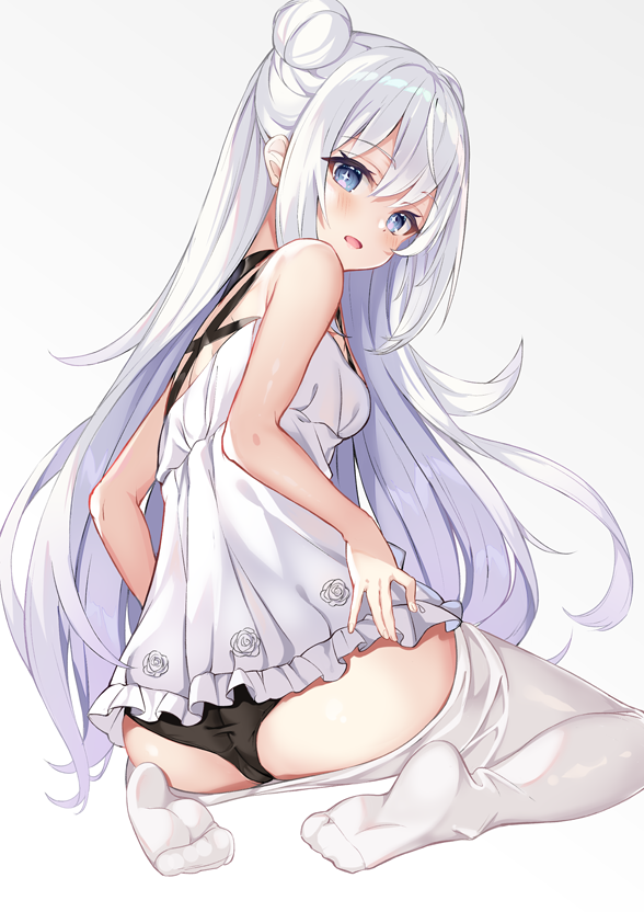 1girl armpit_crease ass azur_lane bare_arms bare_shoulders black_panties blue_eyes breasts dress from_behind hair_bun le_malin_(azur_lane) long_hair looking_at_viewer looking_back no_shoes noboru_(kamine204136) open_mouth panties pantyhose pantyhose_pull short_dress sitting sleeveless sleeveless_dress small_breasts smile solo underwear wariza white_dress white_hair white_legwear