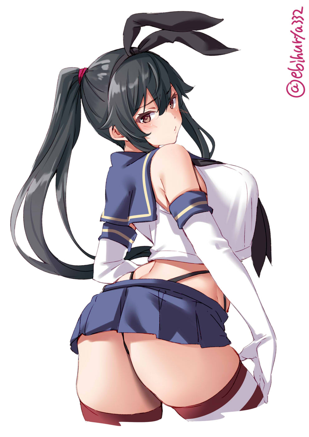 1girl alternate_costume ass black_hair black_hairband black_panties blush breasts brown_hair cosplay crop_top cropped_legs ebifurya elbow_gloves eyebrows_visible_through_hair from_behind gloves hairband highleg highleg_panties highres kantai_collection large_breasts long_hair looking_at_viewer microskirt miniskirt panties ponytail sailor_collar school_uniform serafuku shimakaze_(kantai_collection) shimakaze_(kantai_collection)_(cosplay) sidelocks simple_background skirt solo striped striped_legwear thigh-highs underwear white_background white_gloves yahagi_(kantai_collection)