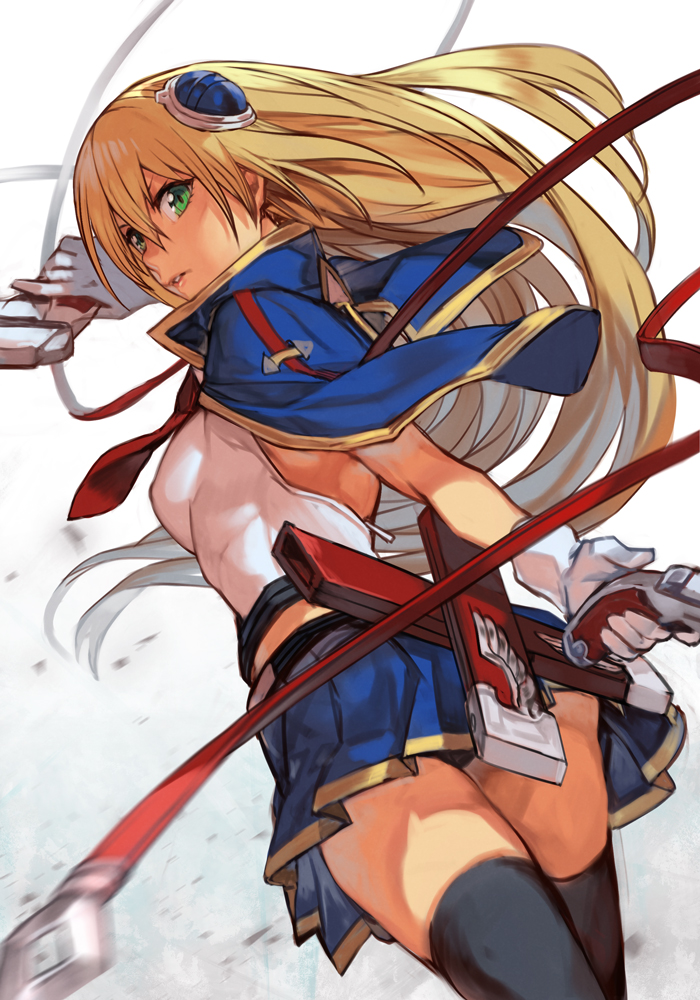 1girl bangs blazblue blonde_hair bolverk boots breasts firearm from_side gloves green_eyes gun hair_between_eyes hair_ornament hairclip hankuri holding holding_weapon hankuri long_hair looking_at_viewer noel_vermillion parted_lips pleated_skirt serious shaded_face sideboob skirt sleeveless small_breasts solo thigh-highs weapon white_gloves