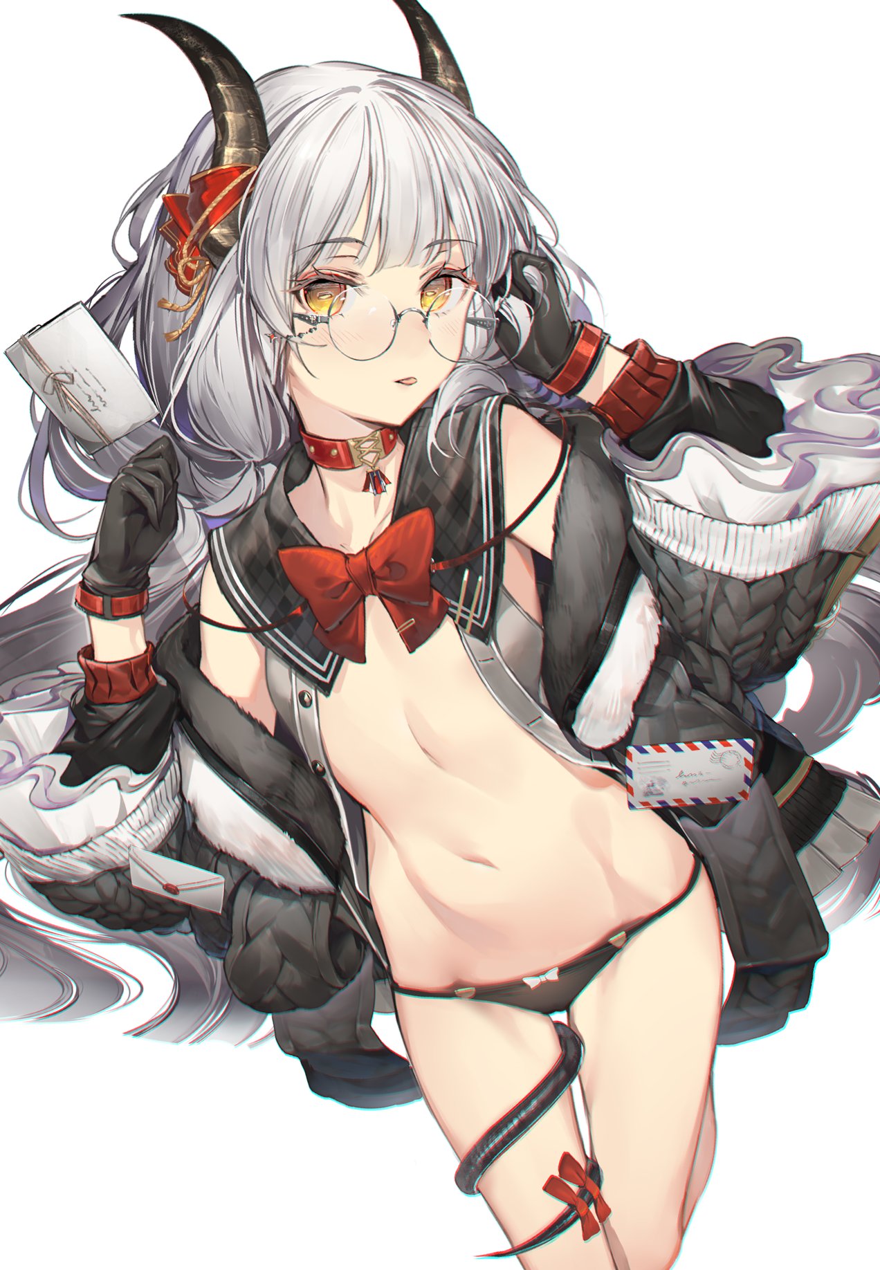 1girl armpits bare_shoulders black_gloves black_jacket black_panties bow bowtie buttons choker collarbone crop_top envelope flat_chest fur_trim glasses gloves grey_shirt hands_up highres horn_ornament horn_ribbon horns jacket kaerunoko leg_up long_hair long_sleeves looking_at_viewer midriff navel no_pants off_shoulder open_clothes open_jacket open_shirt original panties red_choker ribbon rimless_eyewear round_eyewear sailor_collar shirt silver_hair sleeveless sleeveless_shirt solo stomach string_panties symbol-shaped_pupils tail tail_around_leg tail_ornament tail_ribbon thigh_gap thighs tongue tongue_out unbuttoned unbuttoned_shirt underwear wide_sleeves yellow_eyes