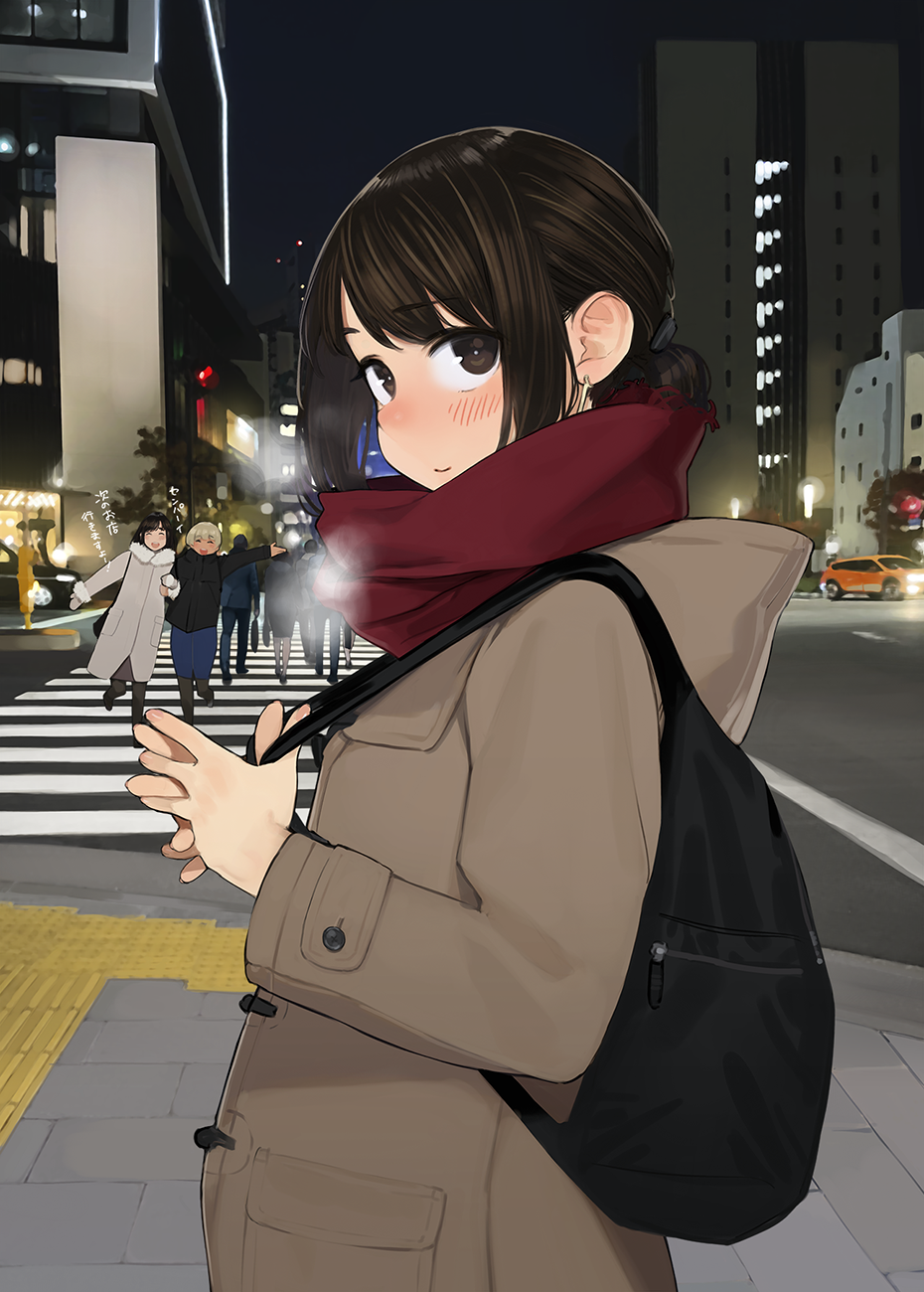 3boys 5girls bag blush boots brown_eyes brown_hair building city closed_eyes coat commentary_request crosswalk dark-skinned_girl_(yomu_(sgt_epper)) dark_skin douki-chan's_rival_(yomu_(sgt_epper)) douki-chan_(yomu_(sgt_epper)) ganbare_douki-chan highres medium_hair multiple_boys multiple_girls night pantyhose scarf short_hair skirt translation_request winter_clothes yomu_(sgt_epper)