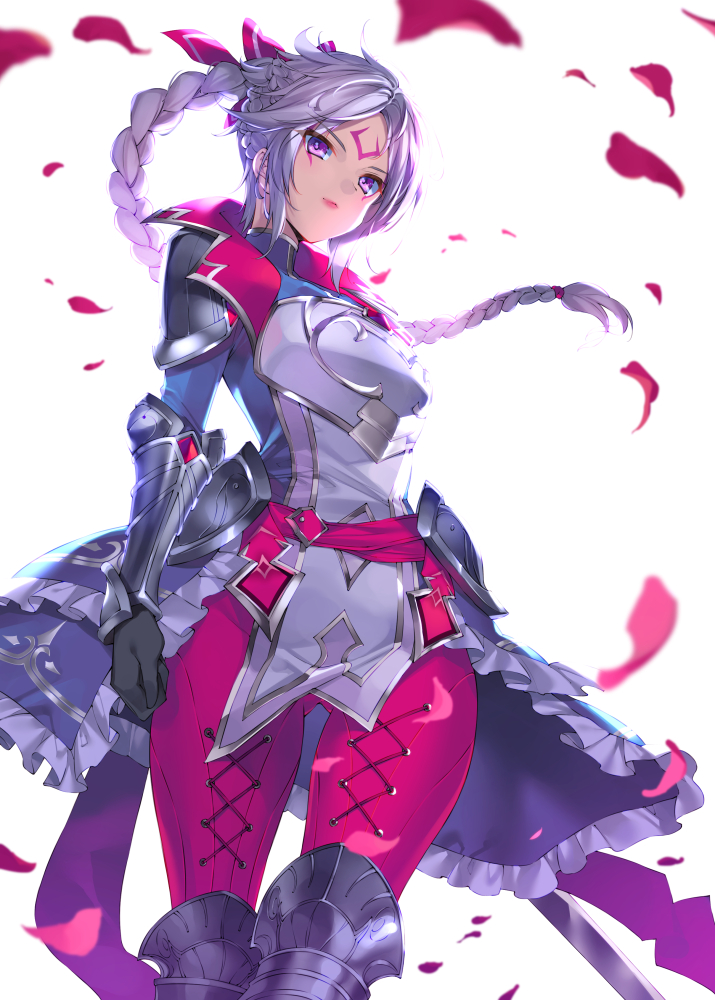 1girl armor black_gloves braid bucchake_(asami) closed_mouth diana_(league_of_legends) eyebrows_visible_through_hair eyes_visible_through_hair facial_mark frills gloves greaves grey_hair league_of_legends long_hair long_ponytail pauldrons petals pink_lips ponytail shoulder_armor simple_background solo sword turtleneck vambraces violet_eyes weapon white_background
