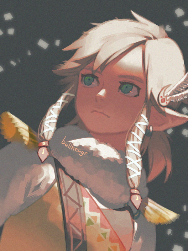 1boy alternate_costume bellhenge blue_eyes earrings feathers fur_collar hair_feathers hair_ribbon jewelry link male_focus platinum_blonde_hair pointy_ears ribbon short_hair short_ponytail sidelocks solo the_legend_of_zelda the_legend_of_zelda:_breath_of_the_wild winter_clothes