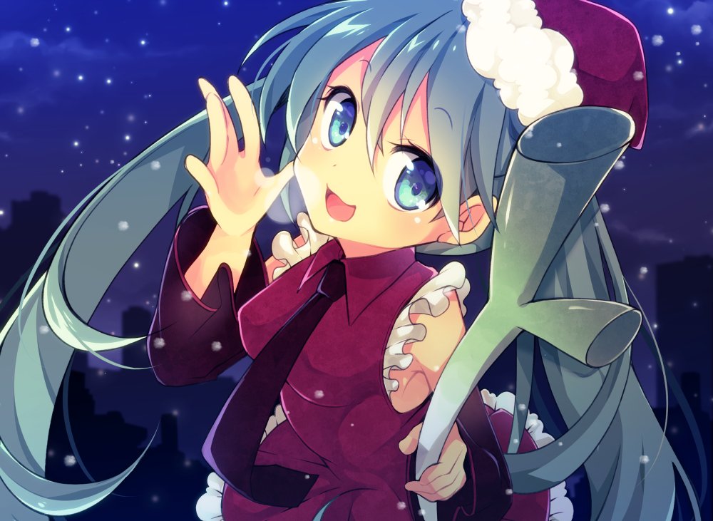1girl :3 aqua_eyes aqua_hair bangs city collar covered_nipples detached_sleeves dress eyebrows_visible_through_hair frilled_dress frills hat hatsune_miku long_hair necktie night open_mouth red_dress red_neckwear ryuuga_sazanami santa_hat skyline smile snowing solo spring_onion twintails vocaloid