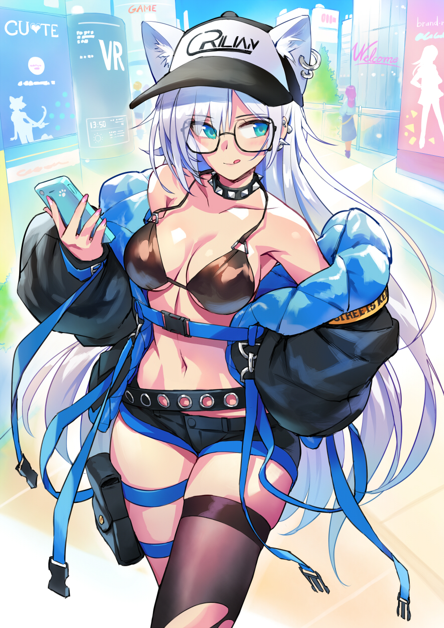 1girl :p animal_ears bangs bikini blue_eyes breasts cellphone collar ear_piercing earrings ears_through_headwear extra_ears eyebrows_visible_through_hair highres jacket jewelry long_hair matsuda_(matsukichi) medium_breasts nail_polish navel off_shoulder open_clothes open_jacket original outdoors phone piercing shorts single_thighhigh smartphone solo spiked_collar spikes swimsuit thigh-highs thigh_strap tongue tongue_out white_hair