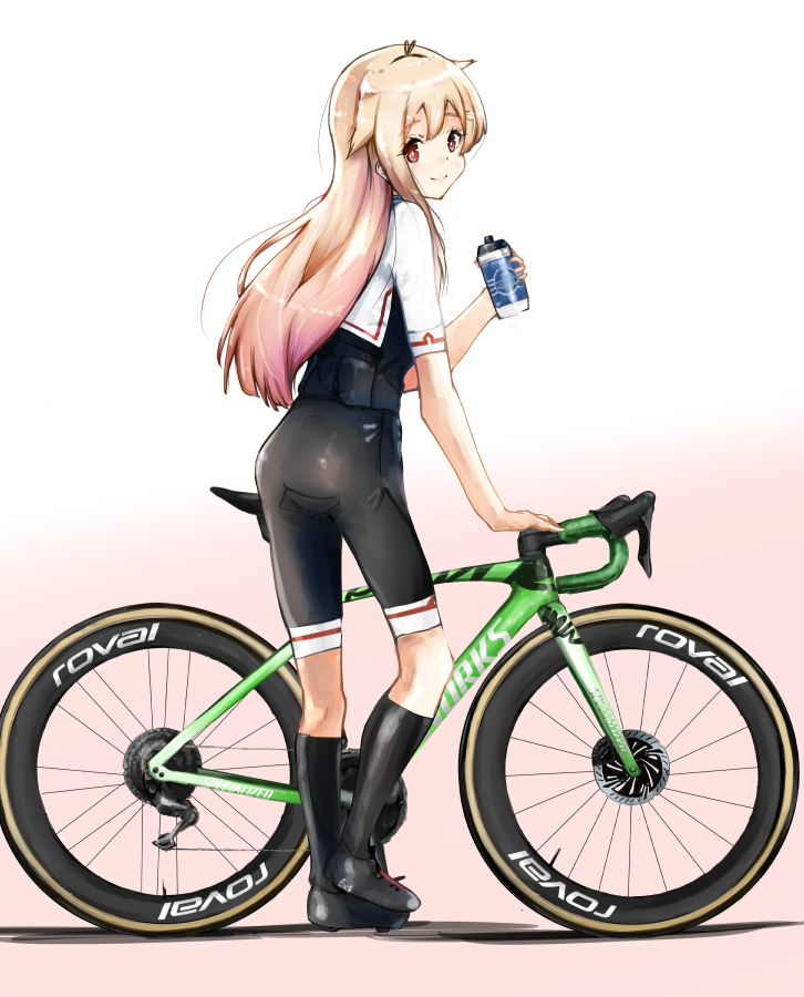 1girl adapted_costume bicycle bike_shorts black_footwear black_legwear black_ribbon black_shorts blonde_hair bottle full_body gradient gradient_background ground_vehicle hair_flaps hair_ribbon kantai_collection kazu_(really_in_hot_water_now) kneehighs long_hair looking_at_viewer mountain_bicycle red_eyes remodel_(kantai_collection) ribbon shorts smile solo standing two-tone_shirt water_bottle yuudachi_(kantai_collection)
