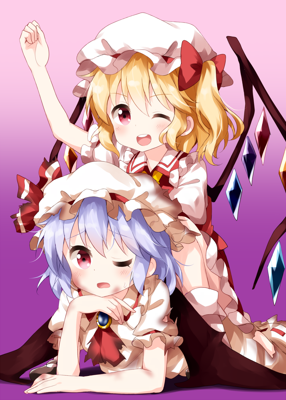2girls arm_up ascot bangs bat_wings blonde_hair brooch clenched_hand collared_shirt crystal dirty eyebrows_visible_through_hair flandre_scarlet full_body gradient gradient_background hair_between_eyes hand_on_own_chin hat hat_ribbon highres jewelry looking_at_viewer lying medium_hair mob_cap multiple_girls on_person on_stomach one_eye_closed open_mouth pink_background puffy_short_sleeves puffy_sleeves purple_background purple_hair red_eyes red_neckwear red_ribbon red_shirt red_skirt remilia_scarlet ribbon ribbon-trimmed_skirt ribbon_trim ruu_(tksymkw) shirt short_sleeves side_ponytail skirt socks sweat teeth touhou v-shaped_eyebrows white_headwear white_legwear white_shirt white_skirt wings yellow_neckwear
