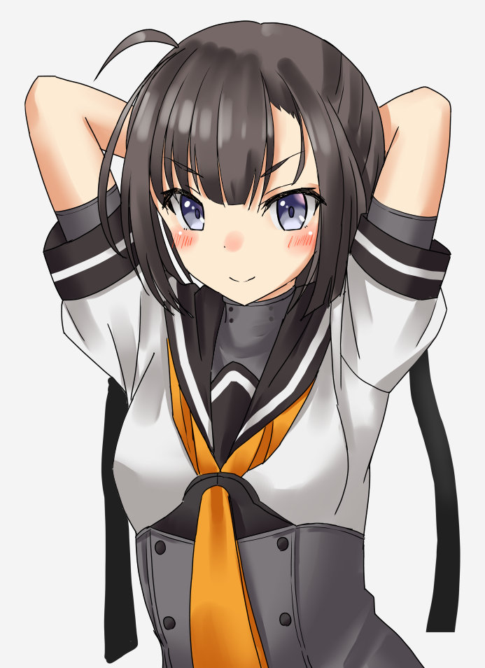 1girl ahoge akizuki_(kantai_collection) arms_behind_head black_hair black_headband commentary_request corset grey_eyes hachimaki headband kantai_collection long_hair mayura2002 neckerchief orange_neckwear school_uniform serafuku simple_background smile solo upper_body white_background