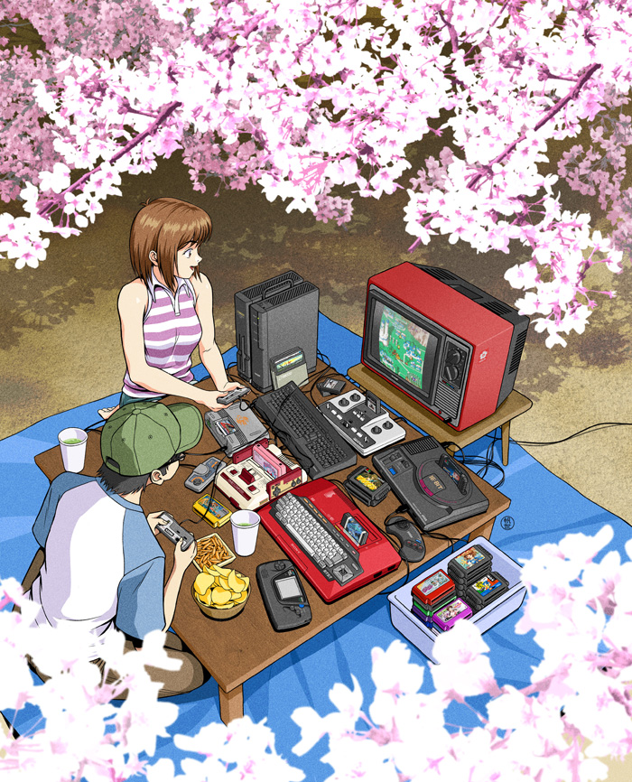 1girl baseball_cap black_hair box brown_hair cherry_blossoms chips commentary controller crt english_commentary famicom food game_cartridge game_console game_controller gamepad handheld_game_console hat jose_salot keyboard_(computer) original outdoors pc_engine playing_games potato_chips raglan_sleeves sega_mega_drive short_hair sleeveless table tagme television