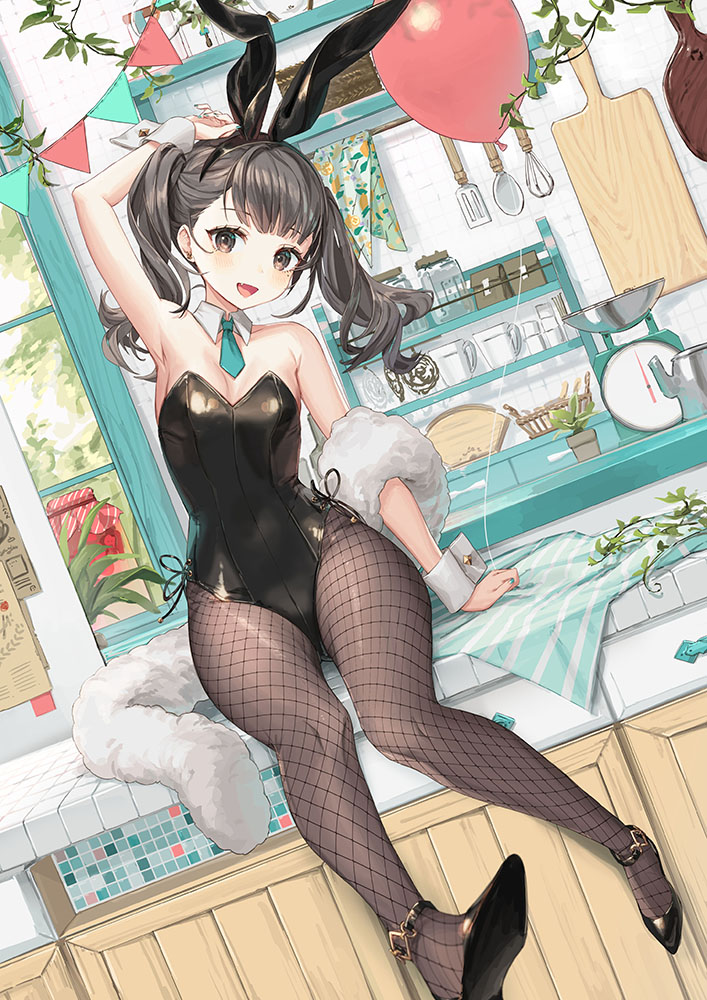1girl :d animal_ears arm_up armpit_crease armpits bare_arms bare_shoulders black_eyes black_footwear black_hair black_leotard breasts brown_legwear detached_collar dutch_angle fake_animal_ears fang feather_boa fishnet_legwear fishnets hairband highleg highleg_leotard leotard long_hair looking_at_viewer mole mole_under_eye necktie open_mouth original pantyhose playboy_bunny rabbit_ears shoes short_necktie sitting small_breasts smile solo strapless strapless_leotard twintails wrist_cuffs yu-ri