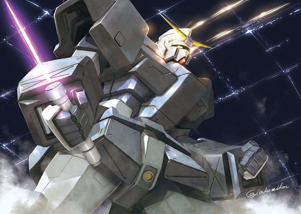 akamiho armor artist_name beam_saber clenched_hands firing from_below full_armor green_eyes gundam gundam_0080 gundam_alex holding holding_sword holding_weapon mecha no_humans solo sword v-fin weapon