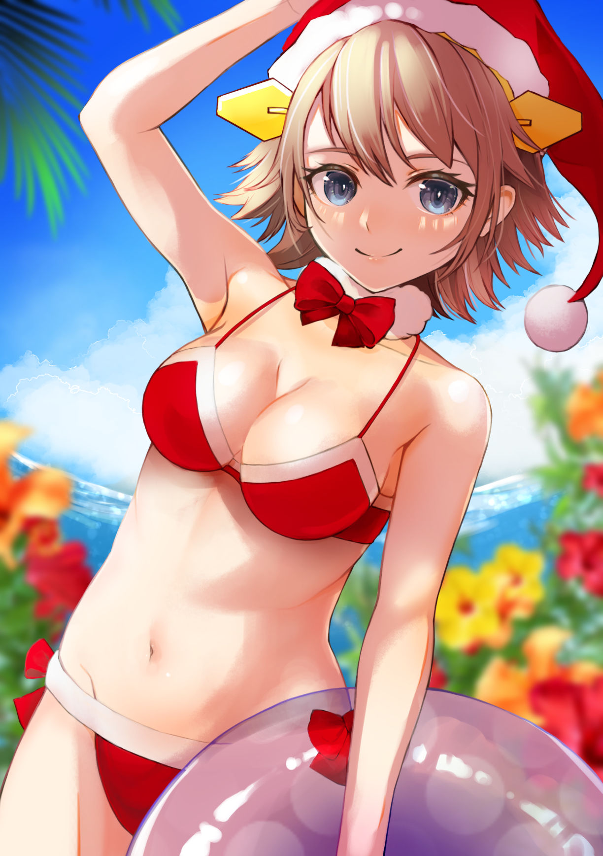 1girl bikini blue_eyes blue_sky blurry brown_hair clouds commentary_request cowboy_shot cryptogam day depth_of_field flipped_hair flower fur-trimmed_bikini fur_trim hairband headgear hiei_(kantai_collection) highres innertube kantai_collection looking_at_viewer outdoors palm_leaf red_bikini short_hair sky solo swimsuit