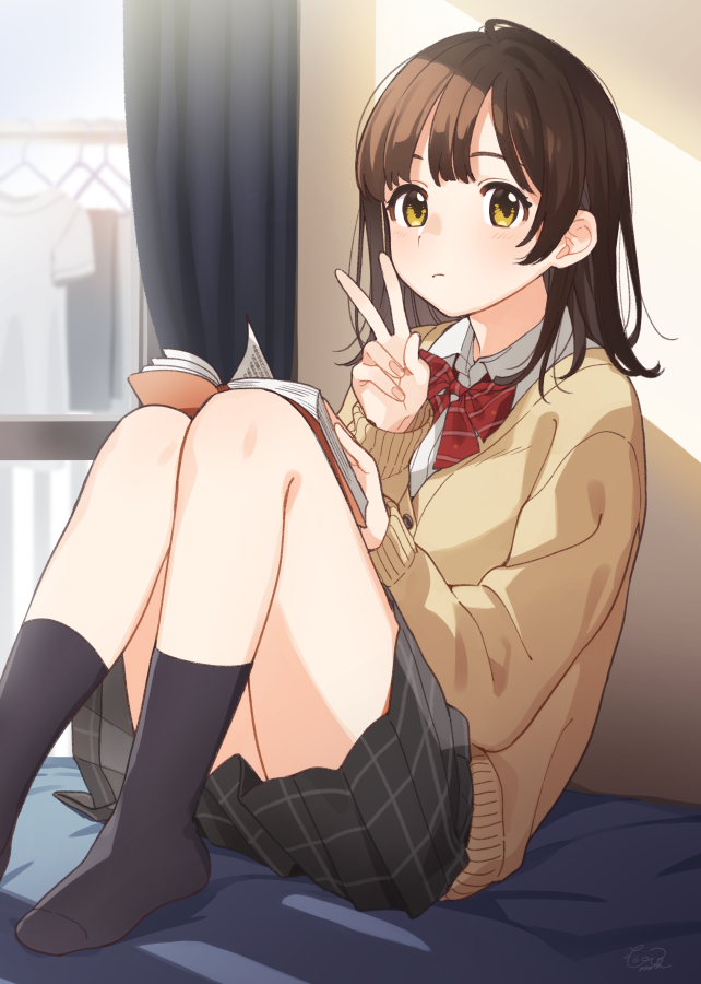 1girl bed black_legwear book booota bow bowtie brown_eyes brown_hair cardigan closed_mouth collared_shirt curtains hige_wo_soru._soshite_joshikousei_wo_hirou. indoors knees_up long_sleeves looking_at_viewer medium_hair on_bed plaid plaid_skirt pleated_skirt reading red_neckwear sayu_(hige_wo_soru._soshite_joshikousei_wo_hirou.) school_uniform shirt sitting sitting_on_bed skirt socks solo uniform v white_shirt window