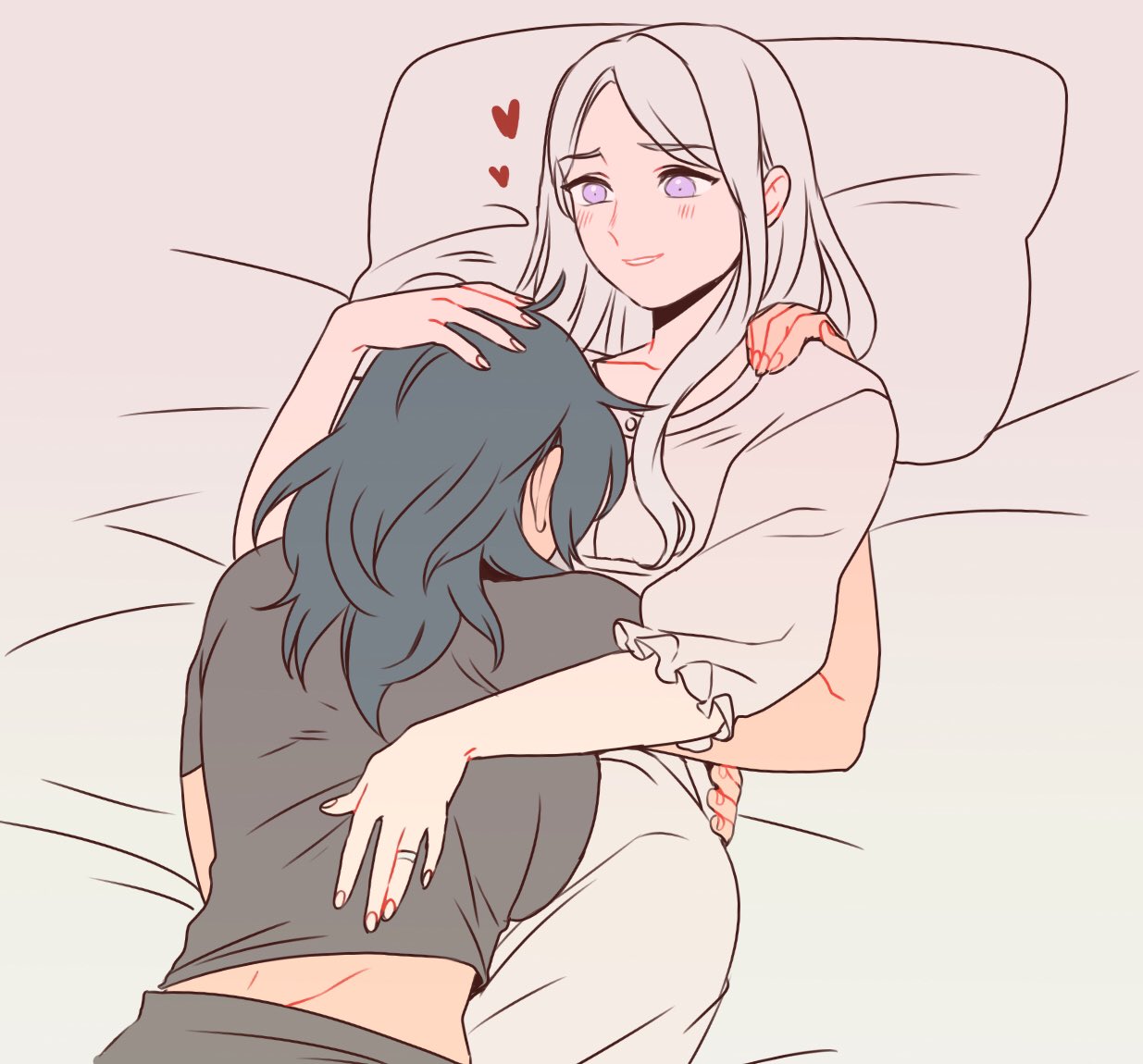 2girls breasts byleth_(fire_emblem) byleth_eisner_(female) commentary edelgard_von_hresvelg english_commentary fingernails fire_emblem fire_emblem:_three_houses hair_down hand_on_another's_head head_on_chest jewelry long_hair lying lying_on_person medium_breasts medium_hair multiple_girls on_back pajamas pale_skin petting pillow radiostarkiller ring silver_hair sleeping sleeping_on_person violet_eyes wedding_band wife_and_wife yuri