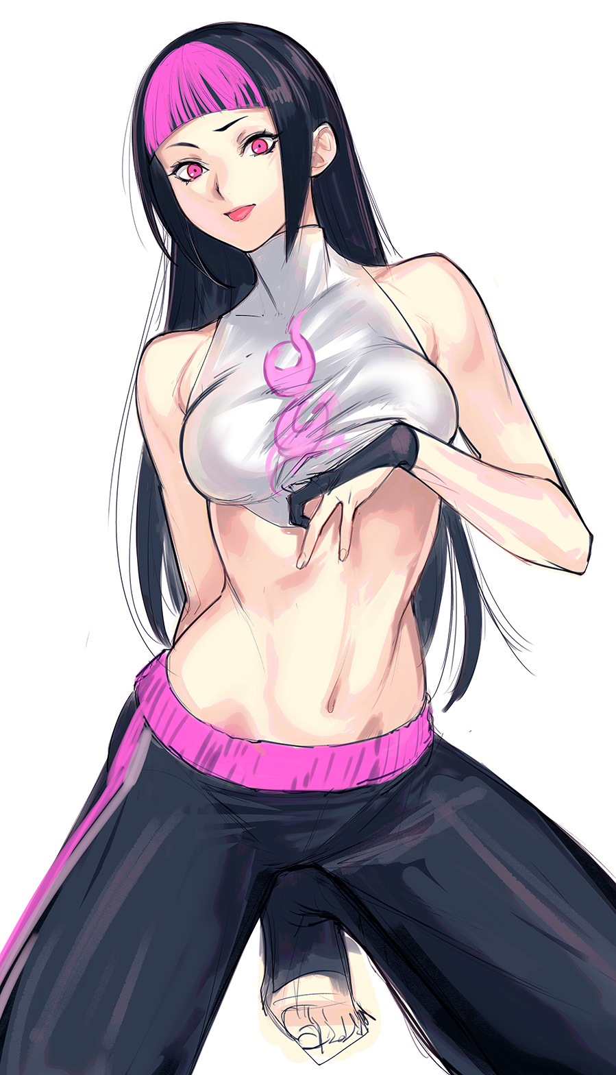 1girl :p bangs black_gloves black_hair black_pants blunt_bangs breasts bridal_gauntlets chinese_clothes dudou gloves groin han_juri highres kneeling long_hair medium_breasts midriff multicolored_hair navel pants pink_eyes pink_hair sketch solo straight_hair street_fighter street_fighter_v tetsu_(kimuchi) toeless_legwear toes tongue tongue_out track_pants two-tone_hair