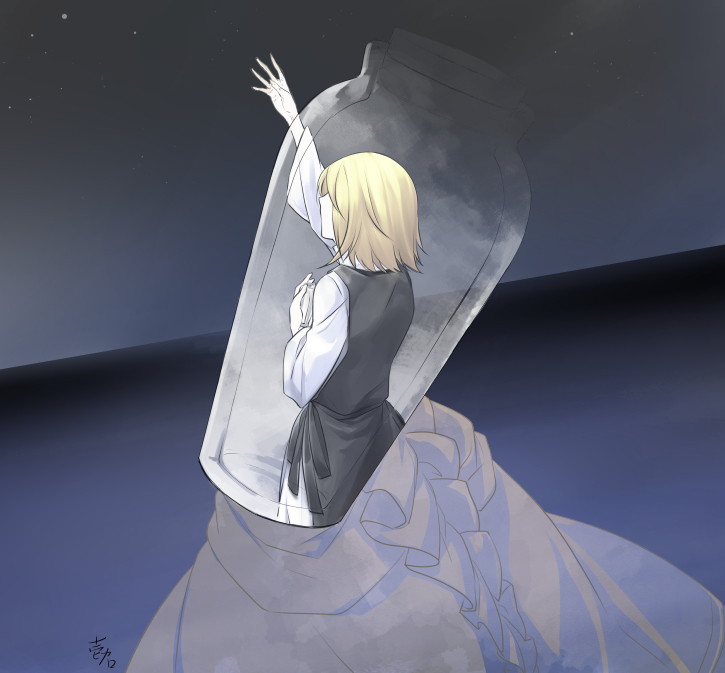 1girl arm_up artist_name back blonde_hair bottle dress dutch_angle evillious_nendaiki habit holding holding_bottle ichi_ka kagamine_rin message_in_a_bottle night night_sky nun ocean reaching_out regret_message_(vocaloid) riliane_lucifen_d'autriche short_hair sky solo star_(sky) starry_sky transparent vocaloid