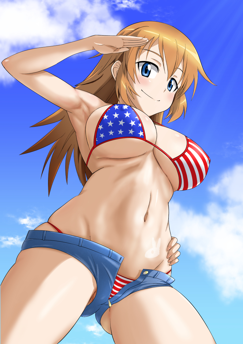 1girl american_flag_bikini armpits bikini bikini_under_clothes blue_eyes blue_sky blush breasts brown_hair charlotte_e_yeager day denim denim_shorts flag_print from_below hand_on_hip large_breasts long_hair minpei_ichigo navel open_fly salute shorts sky smile solo strike_witches swimsuit world_witches_series