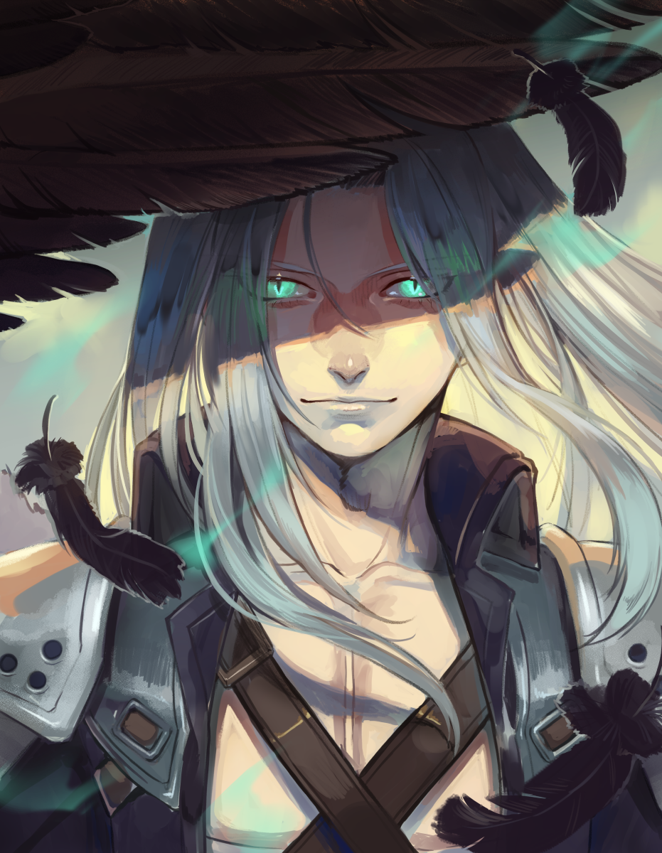 1boy armor bare_pecs black_feathers black_wings closed_mouth collarbone eyebrows_visible_through_hair eyes_visible_through_hair falling_feathers feathers final_fantasy final_fantasy_vii glowing glowing_eyes green_eyes highres kyo_niku long_hair male_focus pauldrons sephiroth shoulder_armor slit_pupils smile solo upper_body white_hair wings