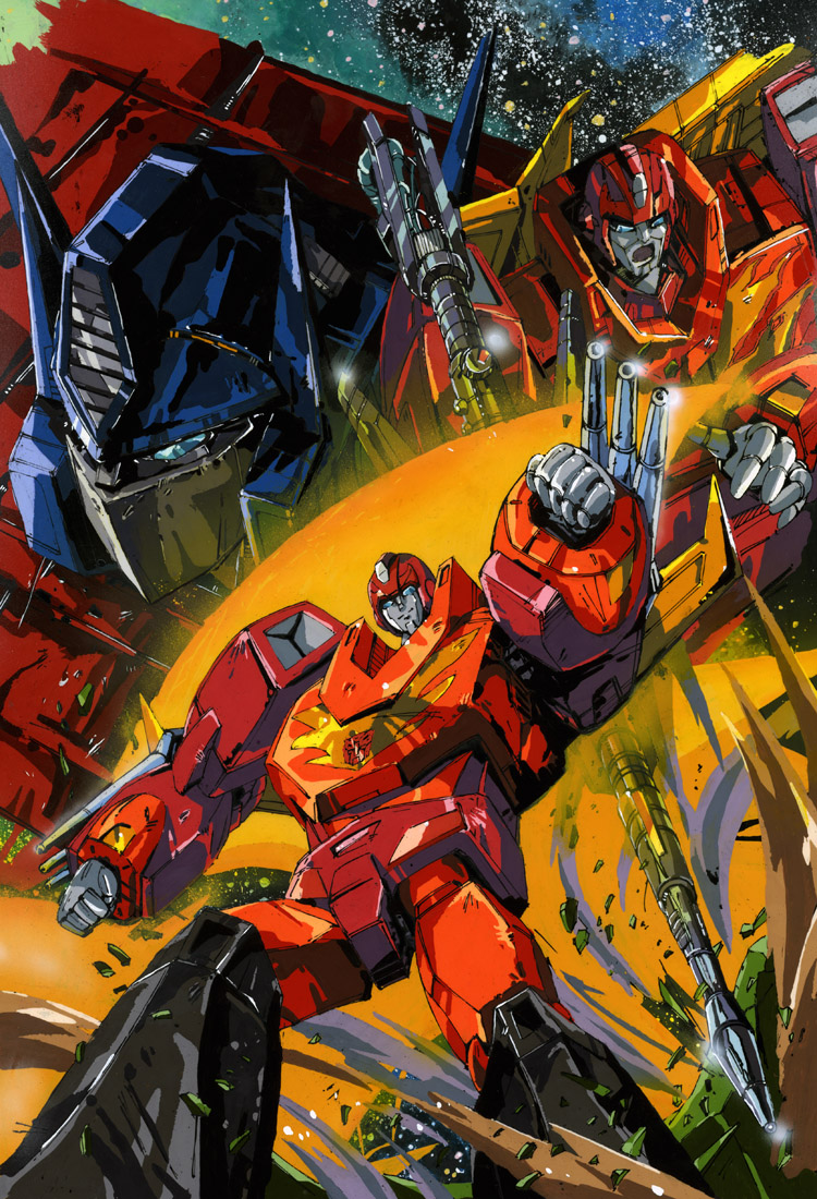 1980s_(style) 3boys arm_cannon autobot blue_eyes clenched_hands close-up english_commentary firing gun holding holding_gun holding_weapon hot_rod marble-v mecha multiple_boys multiple_views no_humans open_hand open_mouth optimus_prime retro_artstyle rodimus_prime science_fiction space transformers weapon