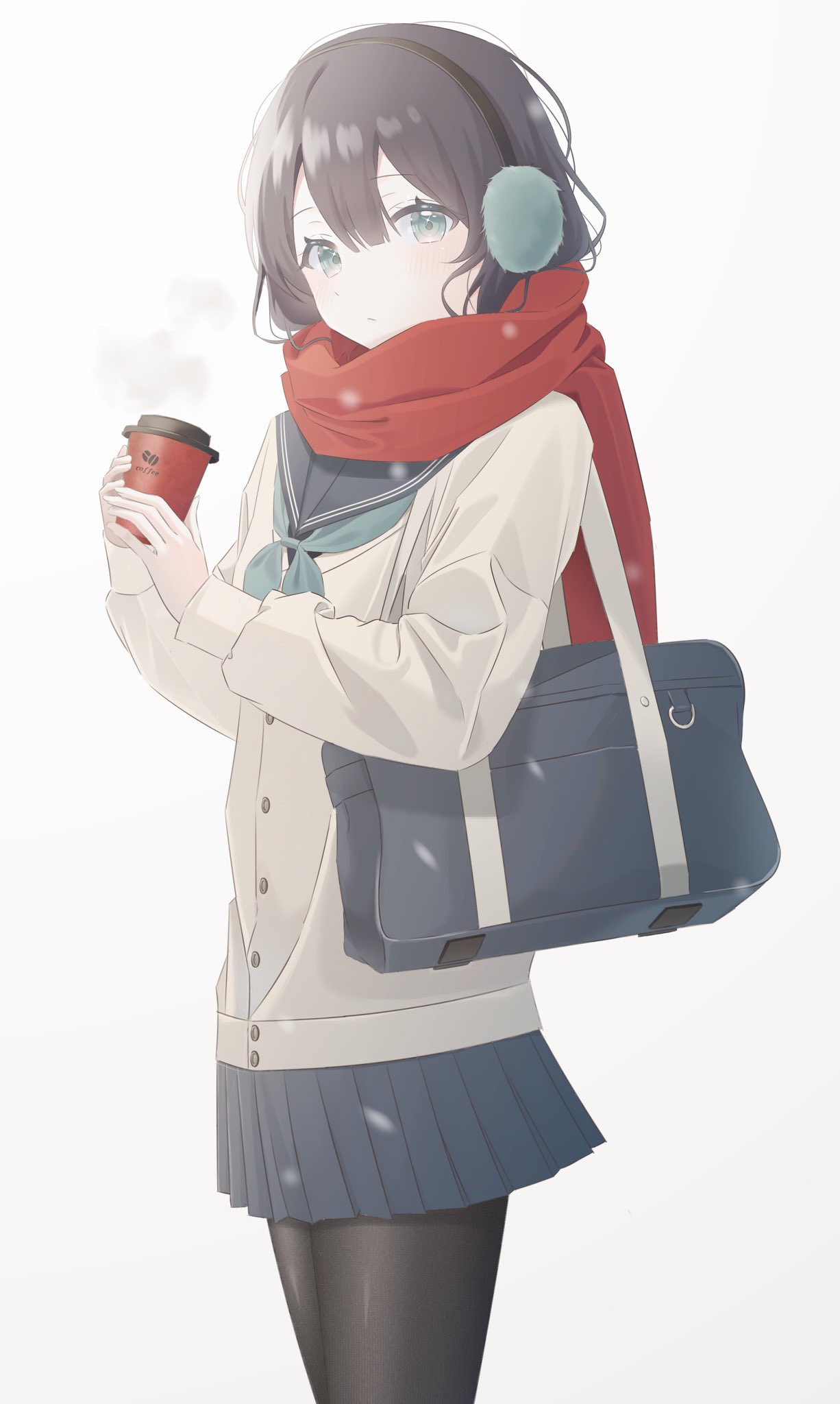 1girl azuki_(ckxs7444) bag blue_sailor_collar blue_skirt blush brown_hair closed_mouth coffee coffee_cup cup disposable_cup earmuffs green_eyes highres holding holding_cup long_hair long_sleeves looking_at_viewer original pleated_skirt red_neckwear red_scarf sailor_collar scarf school_bag school_uniform serafuku shirt simple_background skirt solo uniform white_background white_shirt
