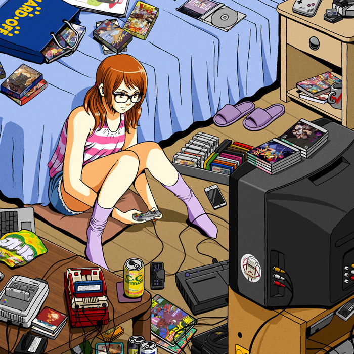 1girl bed bedroom black-framed_eyewear brown_eyes brown_hair commentary controller coronavirus_pandemic crt cutoffs english_commentary famicom game_cartridge game_console game_controller gamepad glasses jose_salot knees_together_feet_apart low_twintails messy_room original pc_engine playing_games short_hair shorts sitting socks solo striped super_nintendo tank_top television twintails