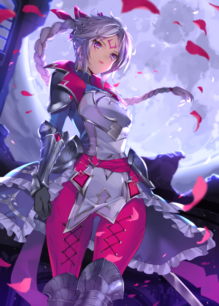 1girl armor black_gloves braid broken bucchake_(asami) closed_mouth clouds cloudy_sky diana_(league_of_legends) eyebrows_visible_through_hair eyes_visible_through_hair facial_mark frills gloves greaves grey_hair league_of_legends long_hair long_ponytail moon pauldrons petals pink_lips ponytail shoulder_armor sky solo sword turtleneck vambraces violet_eyes weapon window