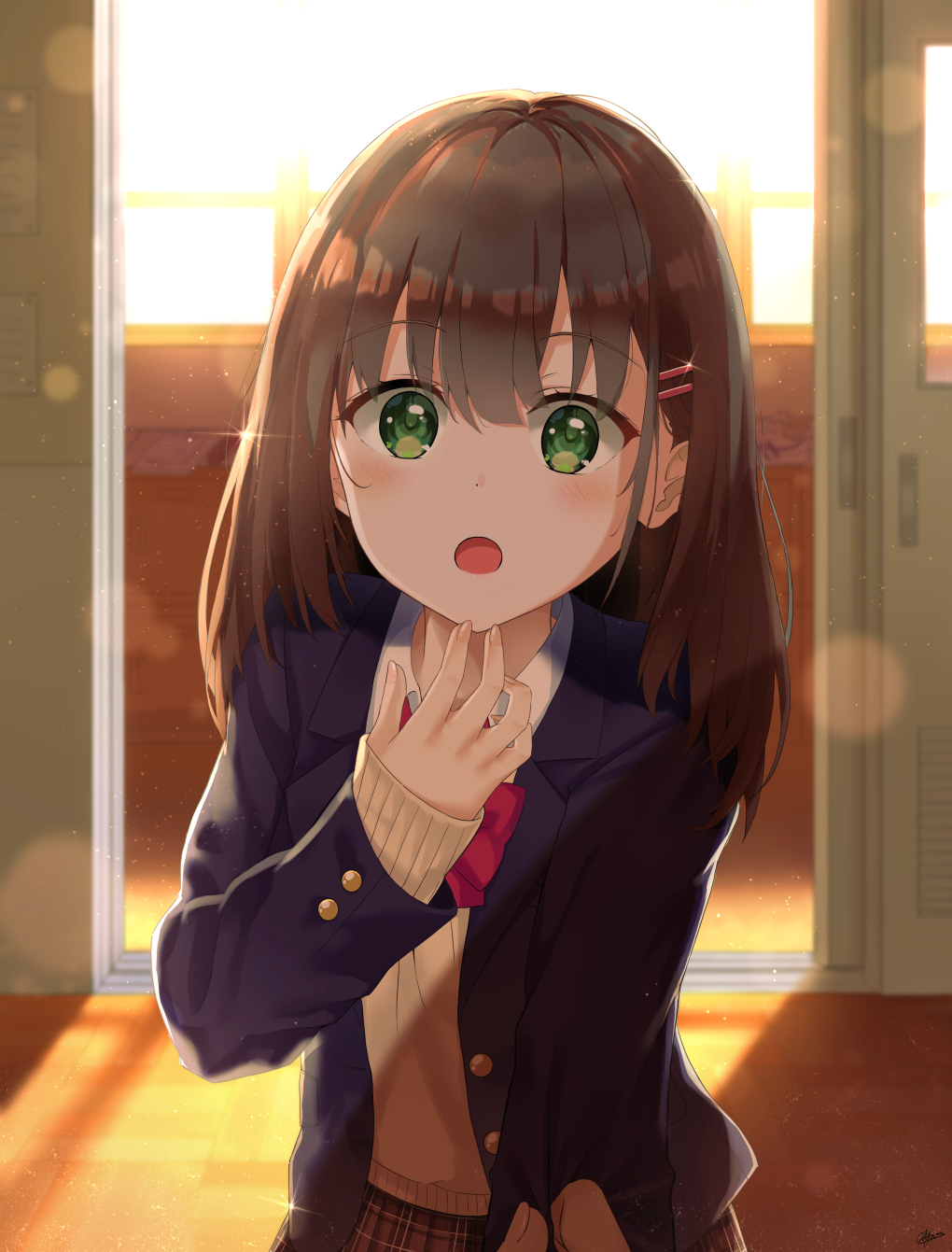 1girl 7_calpis_7 :o backlighting bangs black_jacket blazer blush brown_hair brown_sweater collared_shirt commentary_request eyebrows_visible_through_hair glint green_eyes hair_between_eyes hair_ornament hairclip hand_up highres indoors jacket long_hair long_sleeves looking_at_viewer open_blazer open_clothes open_jacket open_mouth original out_of_frame school_uniform shirt signature sleeve_tug sleeves_past_wrists sliding_doors solo_focus sunlight sunset sweater white_shirt window wooden_floor