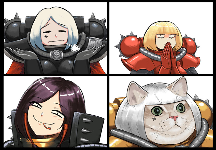 3girls armor bangs black_border blonde_hair blunt_bangs blush bob_cut border cat closed_eyes commentary commission english_commentary facial_mark gauntlets grey_hair grin hands_up looking_at_viewer lutherniel medium_hair multiple_girls own_hands_together purple_hair sanpaku shoulder_armor sister_of_battle slit_pupils smile spaulders tongue tongue_out warhammer_40k white_background
