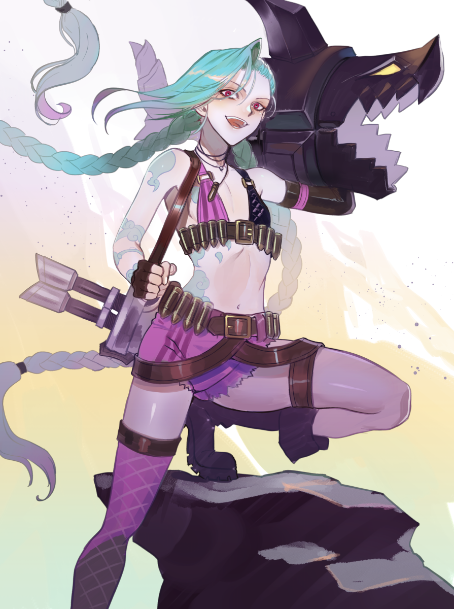 1girl aqua_hair arm_tattoo bare_shoulders belt black_gloves boots brown_belt bullet_necklace fingerless_gloves fingernails gloves gun highres holding holding_gun holding_weapon jinx_(league_of_legends) kyo_niku league_of_legends long_hair navel open_mouth over_shoulder pink_legwear rock shell_casing smile solo tattoo teeth thigh-highs thigh_strap tongue torn torn_clothes twintails very_long_hair violet_eyes weapon weapon_over_shoulder