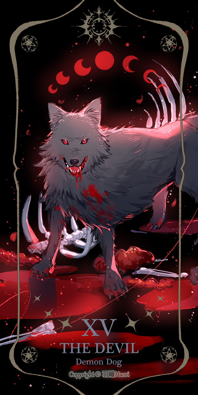 animal_ears blood bone claws demon dog dog_ears dog_tail f.l.c. fangs food highres lord_of_the_mysteries meat moon_phases no_humans numbered pentagram red_eyes ribs roman_numeral signature solo tail tarot tarot_arcana the_devil_(tarot)