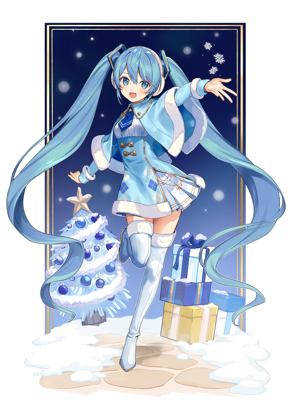 1girl aqua_eyes argyle bangs bauble blue_neckwear blush buttons capelet christmas_tree earmuffs fur_trim garland_(decoration) gift hatsune_miku highres long_hair long_sleeves necktie outstretched_arms pleated_skirt skirt snow snowflakes solo standing standing_on_one_leg star thigh-highs twintails urata_asao very_long_hair vocaloid wing_collar yuki_miku zettai_ryouiki