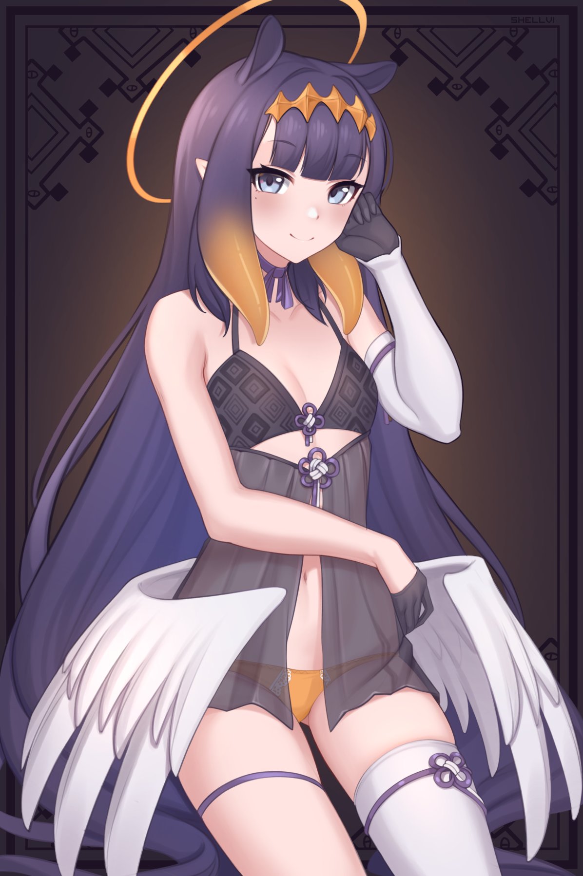 1girl angel_wings animal_ears bangs bare_shoulders black_bra black_gloves blue_eyes blunt_bangs blush bra breasts closed_mouth commentary detached_sleeves eyebrows_visible_through_hair gloves gradient_hair half_gloves halo highres hololive hololive_english long_hair looking_at_viewer low_wings mole mole_under_eye multicolored_hair navel ninomae_ina'nis orange_hair panties purple_hair shellvi single_detached_sleeve single_thighhigh skindentation small_breasts smile solo tentacle_hair thigh-highs underwear very_long_hair white_legwear white_wings wings yellow_panties