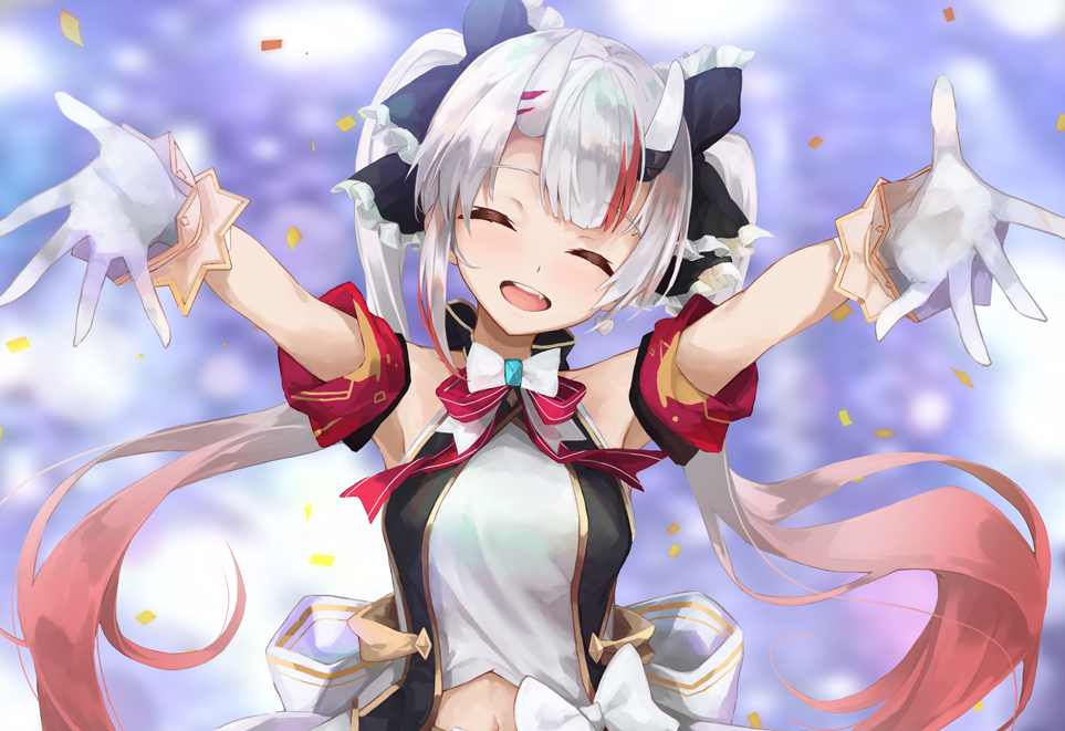 1girl blurry blurry_background commentary earrings gloves hair_between_eyes hair_ribbon happy hololive horns jewelry konkito long_hair nakiri_ayame navel oni_horns open_mouth outstretched_arms ribbon silver_hair sleeveless spread_arms twintails virtual_youtuber