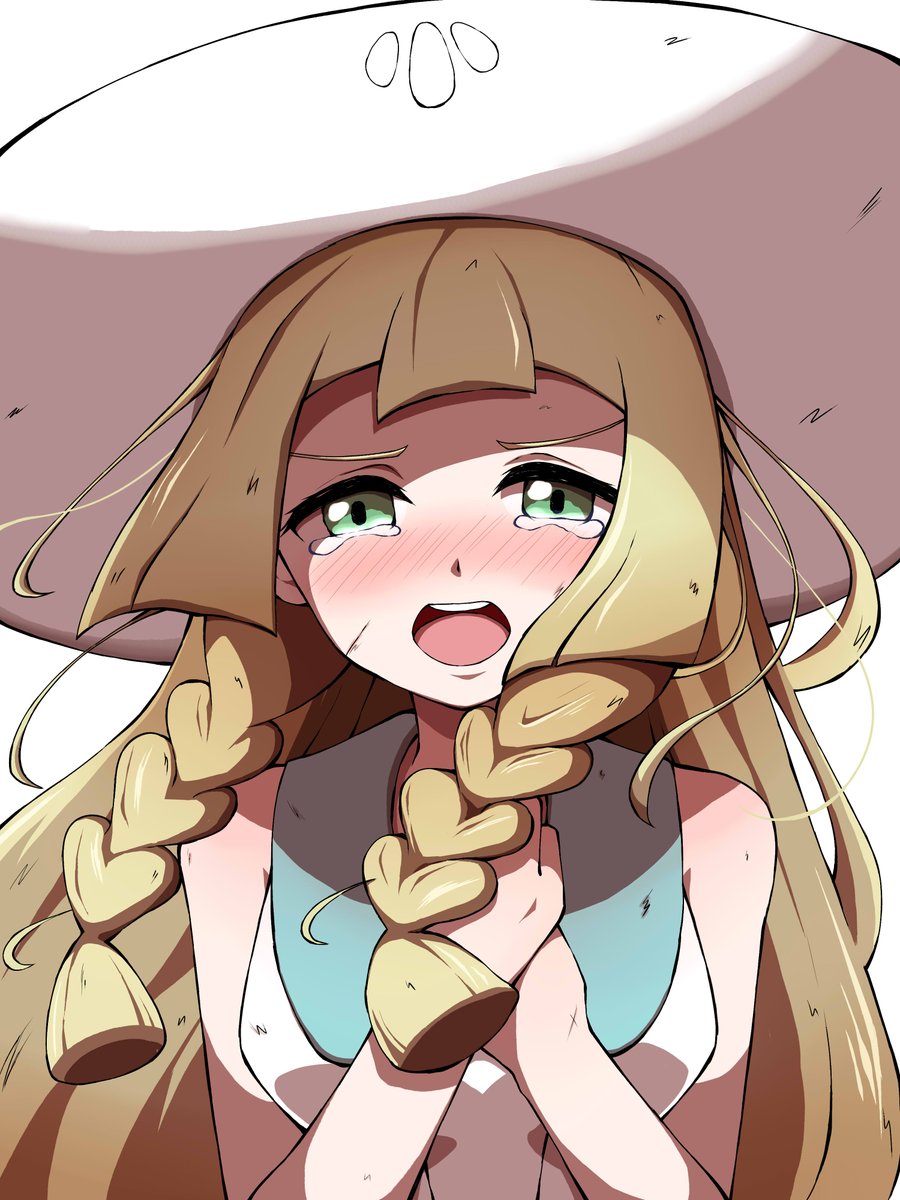 1girl bangs blonde_hair blush braid collared_dress commentary_request dress floating_hair green_eyes hands_together hands_up hat highres lillie_(pokemon) long_hair looking_at_viewer open_mouth pokemon pokemon_(game) pokemon_sm shabana_may sleeveless sleeveless_dress solo sun_hat tearing_up teeth tongue twin_braids white_headwear